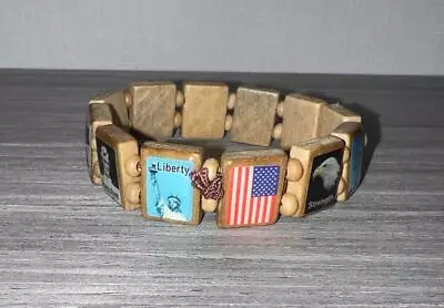 American Pride Wooden Style Military Patriotic Stretch Tile Bracelet • $13.99