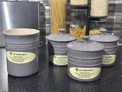 Le Creuset New Ceramic Flint Grey Set Of 3 Storage Jars & Utensil Pot RRP £137 • £100