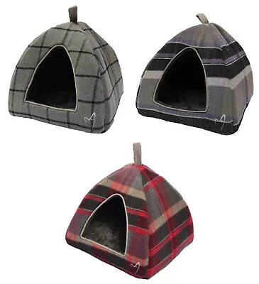 Kitten Cat Pyramid Cave Bed Checked Soft Faux Fur Igloo GorPets Hooded Camden • £46.99