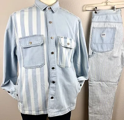 Lee Workwear Mixed Stripe Denim Relaxed Fit Overshirt Pants 2p Suit Mens L 34x32 • $65