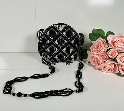 Zara Beaded Tassle Round Box Bag Black Gold White Cocktail Evening Clutch Bag • £25