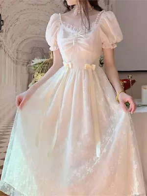 Elegant Princess Dress Women Vintage Lace-up Party Long Fairy Wedding Midi Dress • $47.26