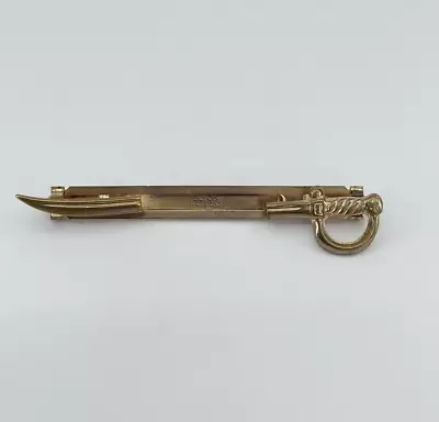 Vintage Slick Sword Tie Clip Bar Pat Pend Gold Tone Hinged Pierced 3-3/8  • $16.65