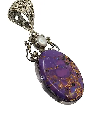 Bali Sterling Scrolling Filigree Mabe Pearl Purple Copper Turquoise Pendant • $34.99