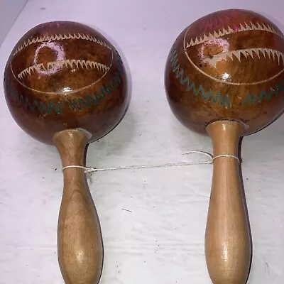 Vintage Maracas Shakers Hand Carved Painted Gourd With Wood Handles • $8.99