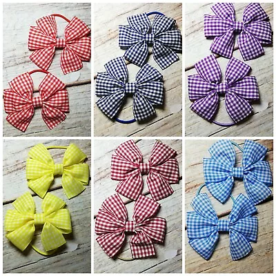 GINGHAM Ribbon Hair Bow Bobbles Set Of 2 Girls Kids School Uniform Hair Bows • £4