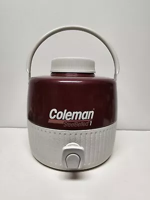 Vintage 1987 Coleman Steel Belted 1 Gallon Water Jug Cooler W/Cup Maroon & White • $24.99