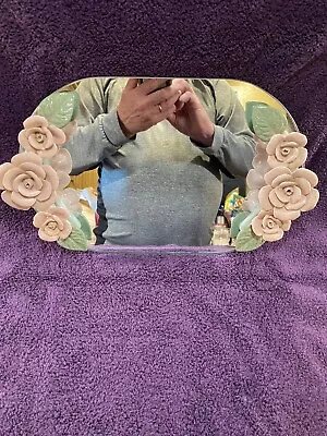 Vintage Oval Mirror Vanity Tray With Raised Porcelain Pink  Roses  14.5  • $22