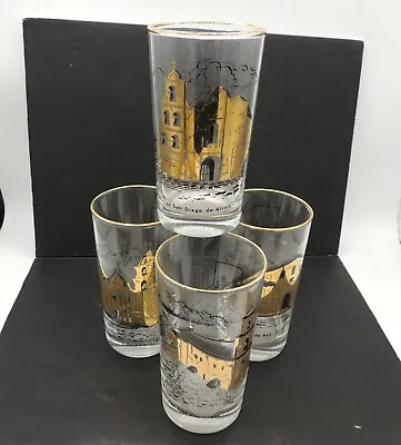 4 California Mission Glasses 22k Gold Detail Mid Century Map On Back • $25