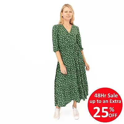 Seasalt Womens Dress Sky Branch Green Floral Jersey Midi Wrap Neck ¾ Sleeves • £32.96