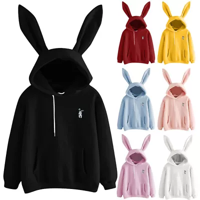 Women Rabbit Bunny Ear Hoodies Hooded Sweatshirt Pullover Casual Jumper Tops • £12.65