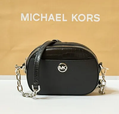 Michael Kors Jet Set Glam Small Front Pocket Oval Crossbody Bag Black/silver • $62.80