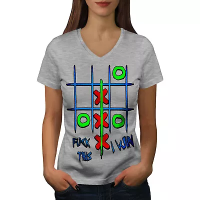 Wellcoda Tic-Tac-Toe Funny Womens V-Neck T-shirt Funny Graphic Design Tee • $19.91