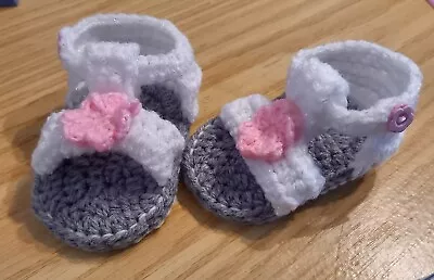 Crochet Baby Sandals With Little Flower Button Strap. Pretty Pink And Sparkle • £5.50