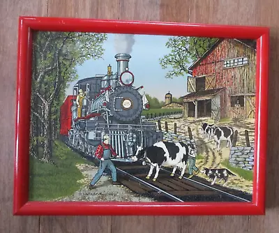 Signed H. Hargrove Framed Serigraph Oil Painting Canvas STUBBORN COW Locomotive • $25