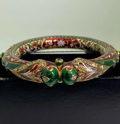 Antique Mughal 22ct Gold Ruby Emerald Diamond Enamel Kada Indian Bangle • $1.55