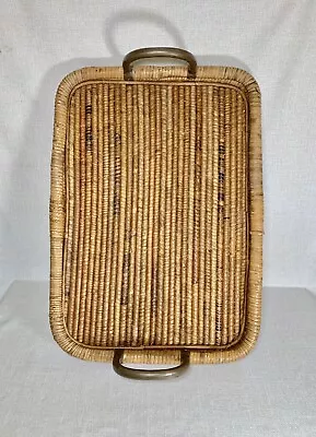 Vintage Decorative Rattan Woven Wicker Large Serving Tray With Metal Handles. • $75
