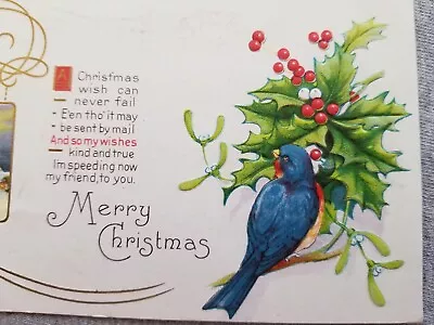 Antique Postcard MERRY CHRISTMAS Blue Bird Holly Berries Poem Embossed Posted • $6.49