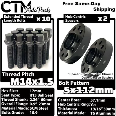 $73.59 • Buy 2x 30mm Thick 5x112 57.1mm CB Wheel Spacer Set Black 14x1.5 Bolt Fit Volkswagen
