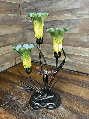 Vintage Tiffany Style Luminarie Table Lamp Green Tulips With Butterfly ONE FLAW • $120