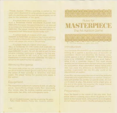 Masterpiece Board Game Instructions Newly Printed Masterpiece Spares • £2