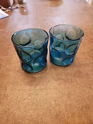 2 Empoli Glass DICE Blue Tumblers/votive/tea Lite Indented Polka Dot Made Italy  • $9.99