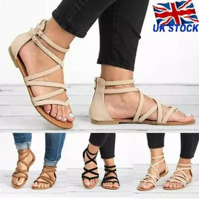 £21.19 • Buy Ladies Womens Gladiator Sandals Flat Ankle Strappy Summer Flip Flops Shoes Size