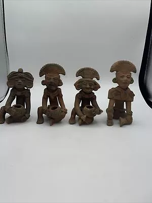 Mexican Folk Art Clay Terracotta Pottery Aztec Mayan Set Of 4 • $68