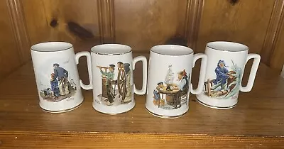 Set Of 4 Vintage 1985 Norman Rockwell Museum Coffee Mugs Cups White / Gold Trim • $14.99