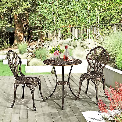 Garden Bistro Set Round Aluminum Patio Table With 2 Chairs - Bronze • £131.35