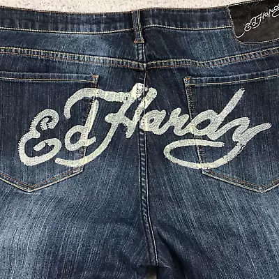 Ed Hardy Jeans Womens 24 Dark Wash Rhinestone Spellout Relaxed Wide Leg Denim • $59.88