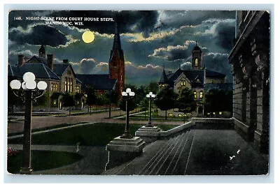 1914 Night Scene From Court House Steps Manitowoc WI Antique Posted Postcard • $14.98