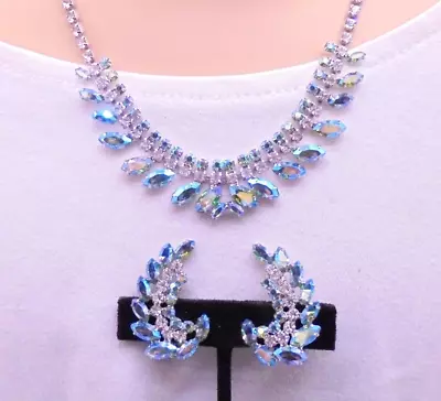 Vintage B. DAVID Clear And Blue Green AB Rhinestone Necklace Earring Set • $42.25