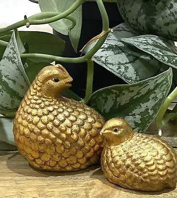 Vintage Pair Gold Quail Bird Figurines Mother Baby Chick Gold / Bronze Look • $16.98