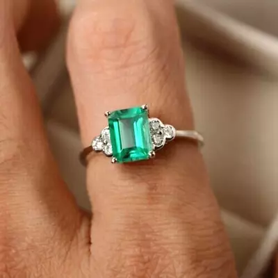 2 Ct Emerald Cut Simulated Emerald & Diamond Wedding Ring 14K White Gold Plated • $70.13