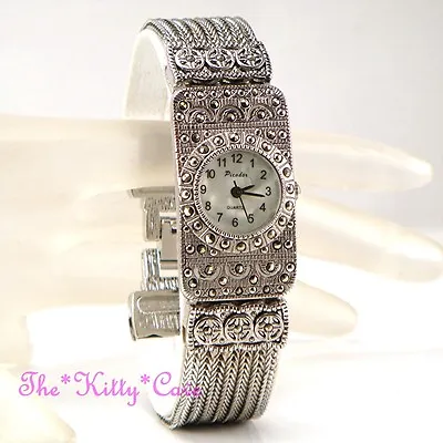 Silver Chic Deco Victorian Baroque Regency Gothic Marcasite Chain Bracelet Watch • $74.09