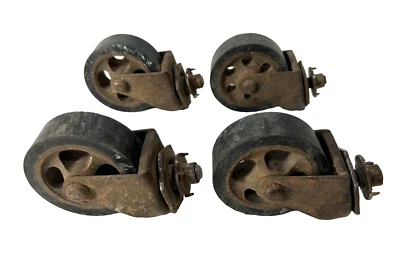 $60 • Buy Set Of 4 Antique Vintage Steel Cast Iron Industrial Swivel Caster Wheels