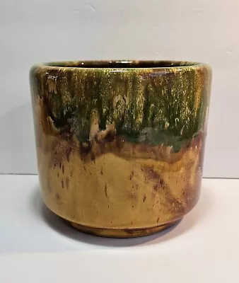 Vintage California ? Art Pottery Large Planter Pot Brown Green Gold Yellow Drip • $14.95