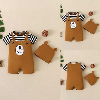 Infant Baby Boy Striped Cute Bear Romper Tops Pants Jumpsuit Clothes Outfits Set • £8.09