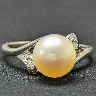 799 Mikimoto Akoya Pearl Ring 14k White Gold Diamond Made In Japan Us7.5 Vintage • £257.12