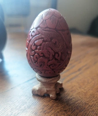 $14 • Buy Vintage Asian Red Cinnabar Carved Egg 2.5” With Floral Dragon Motif