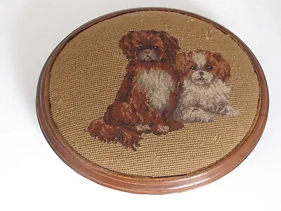 Antique Spaniel Dogs Needlepoint Oval Footstool Walnut Frame C. 1900 • $125