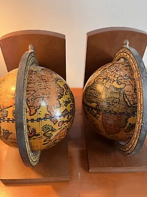 Vintage Old World Rotating Globe Wood Bookends Made In Italy Set/2 Pair 1970s • $35