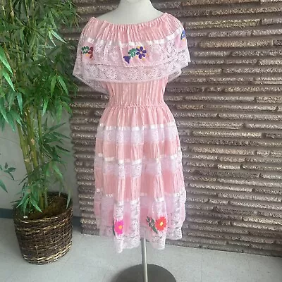 Vintage Mexican Pink Embroidered Floral Peasant Dress As Found  • $29.99