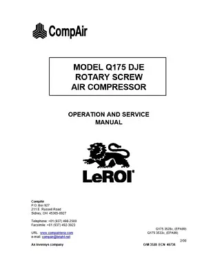 LEROI Q175 PORTABLE COMPRESSOR OPERATORS MANUAL ***PDF Sent Via Email*** • $18.99