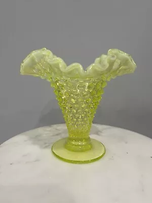 Vintage Fenton Vaseline Yellow Opalescent Uranium Glass Ruffled Hobnail Vase • $49.99