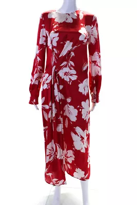 Zara Womens Satin Floral Crew Neck Long Sleeve A-Line Maxi Dress Red Size M • $42.69