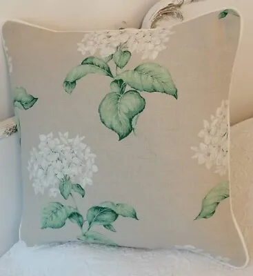  16  Laura Ashley Heligan Linen Hydrangea Cushion Cover Piped White Back Natural • £25