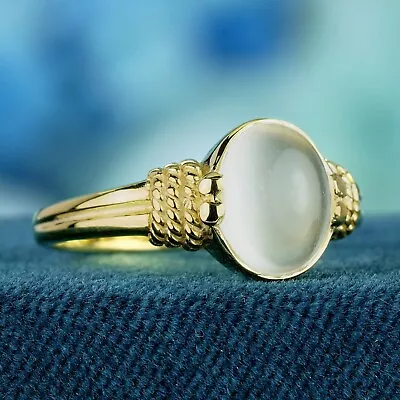 Natural Moonstone Vintage Style Rope Shoulder Ring In Solid 9K Yellow Gold • $650
