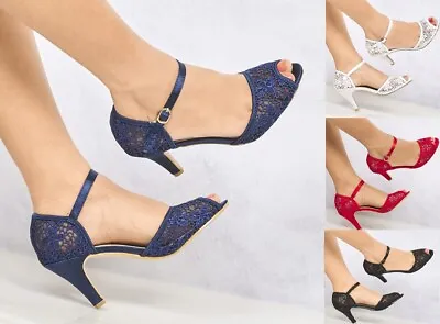 New Lace Embellished Satin Medium Heel Ankle Strap Wedding Shoes Sandals 3-8 • £7.99